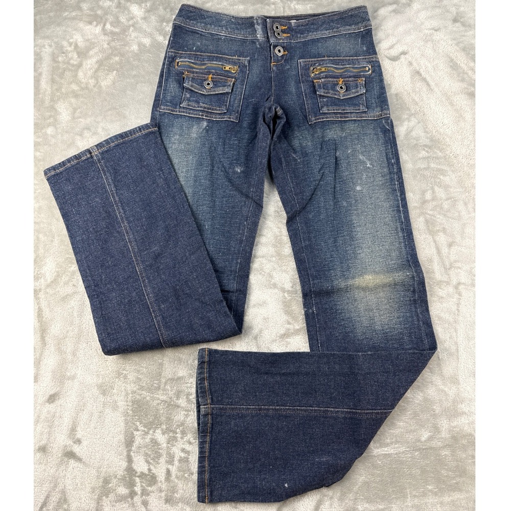 Guess Jeans USA Womens 24 Dark Wash Low Rise Flare Cargo Denim Y2K